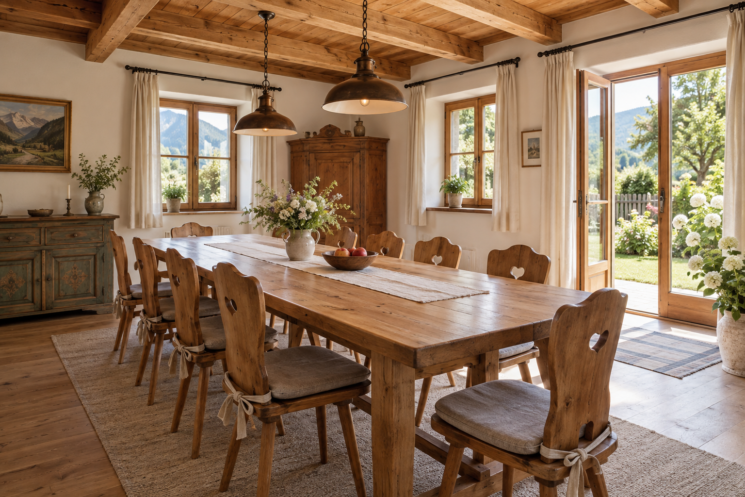 Großer heller Essraum mit Holztisch und Blick in einen Garten