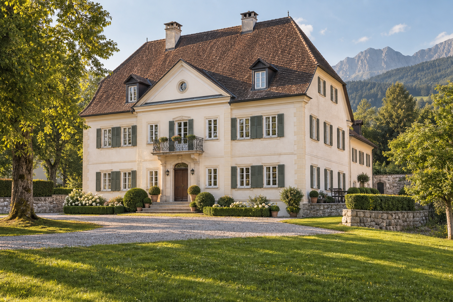 Vollständig sichtbares herrschaftliches Landhaus mit Garten